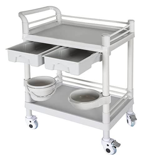 Medical Carts With Wheels 2-Shelf 330 Lbs Max Load Rolling Storage Cart With Drawers Beauty Salon Utility Cart Medical Cart With 2 Dirt Buckets Mobile Ultrasound Cart For Hospital Dental Clinic #TOP2
