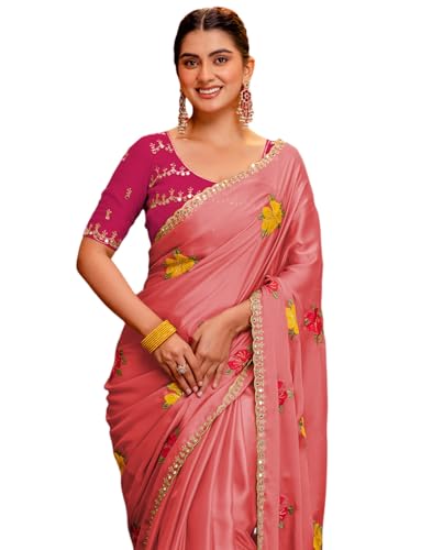 Image of SIRIL Women's Embroidery, Mirror Work, Scalloped Border Shimmer Georgette Saree With Unstitched Blouse Piece