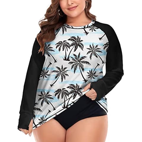 FOREYOND Plus Size Rash Guard Shirt for Women Long Sleeve UPF 50+ Sun Protection Loose Fit Swimming Shirt Swimwear Crew Neck Swimsuit Top Cover