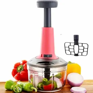 Hand Press Fruits&Vegetables Push Chopper 700ml | Kitchen Tool 2 in 1 Stainless Steel 3 Blades & Heavy Plastic Material Blending Blade | Food Grade Plastic | Antislip Base