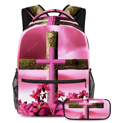 Sac à dos avec trousse à crayons pour garçons et filles style Croix Rose de Pâques