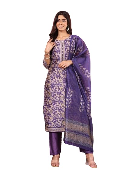 Varanga Women Purple Floral Printed Straight Kurta With Trousers And Printed Dupatta.