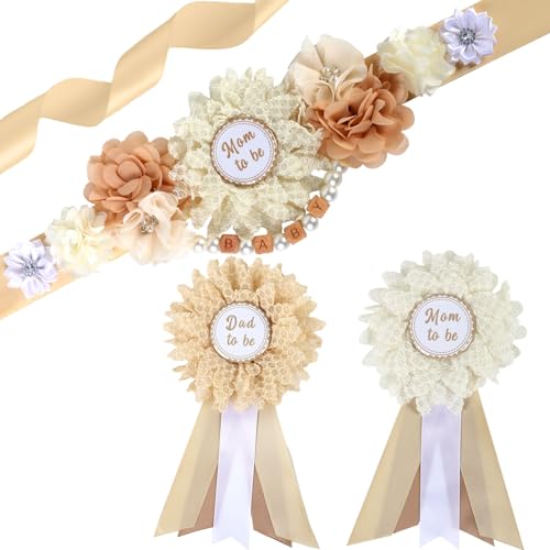 Neutral Ivory Baby Shower Sash and Pins Set - Boho Neutral Baby Shower Belly Belt and Mom to Be &amp; Dad to Be Corsage Pins, New Parents Pregnancy Photo Props Party Supplies