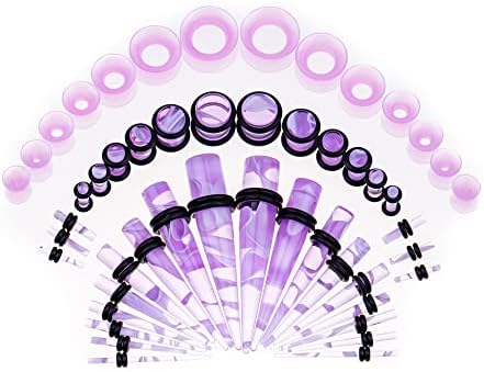 Memsion Ear Stretching Kit 50 Pieces Earrings 14Gauges-00Gauges Earrings Acrylic Tapers Plugs Silicone Tunnels Ear Gauges Expander Set Body Piercing Kit Marble Purple Color Piercing Jewelry