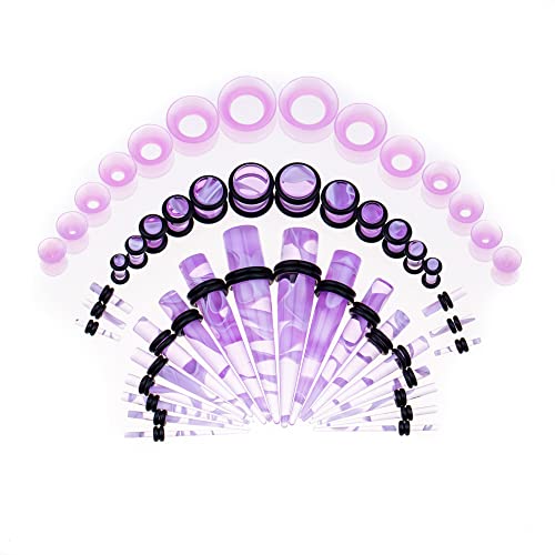 Memsion Ear Stretching Kit 50 Pieces Earrings 14Gauges-00Gauges Earrings Acrylic Tapers Plugs Silicone Tunnels Ear Gauges Expander Set Body Piercing Kit Marble Purple Color Piercing Jewelry #TOP14