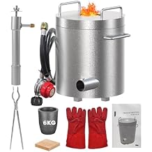 Professional Propane Melting Kiln Kit - 6KG Capacity Metal Casting Crucible, Tongs, 2372F High-Temp Foundry for Gold, Silver, Copper, Aluminum Jewelry Smelting, Adjustable Gas Valve - Silver