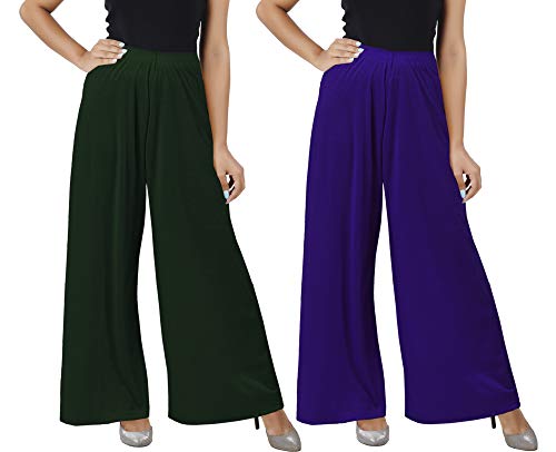 Image of Buy That Trendz M to 4XL Cotton Viscose Loose Fit Women M to 6XL Flared Wide Leg Palazzo Pants for Bottle Green Purple 2 of Pack Combo X-Large