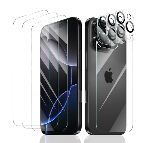 Fynorao 3+3+1-Pack Screen Protector and Camera Lens Protector for iPhone 16 Pro Max with Back Tempered Glass Film Impact-Protection HD Anti-Scratch 9H Hardness Case Friendly Bubble Free