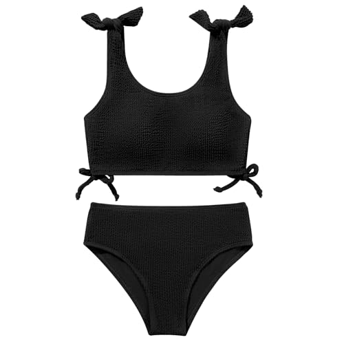 Girls 2 Pieces Summer Beach Swimsuit Solid Bowknot Shoulder Straps Bikini Teen Girls Drawstring Bathing Suits for 13 14 Years Black