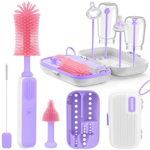 Image of Yasew Electric Bottle Brush Cleaner, Baby Bottle Brush Travel Set, 360° Efficient Cleaning, Durable 2000 mAh Battery, Travel Bottle Brush Set with Drainage Rack and Storage Box, Baby Travel Essential