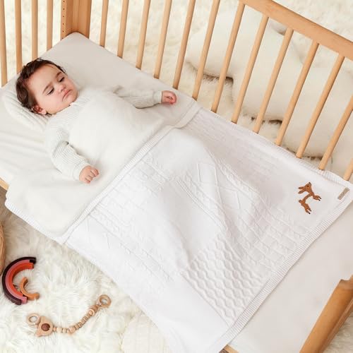 Image of Cotton Knit Baby Blanket with Plush Fleece, 31x40 Receiving Blanket for Newborn Boys & Girls, Soft Warm Stroller Blanket with Deer Embroidery, Box