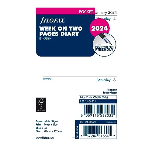 Filofax Calendar Diary Refill, Pocket Size, Week-to-View, White Paper, Unruled, English, 2024 (C68221-24)