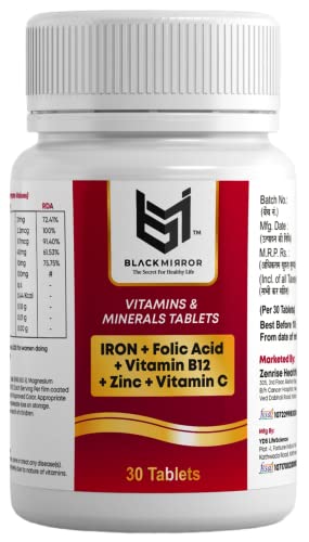 Image of BLACK MIRROR IRON B12 FOLIC ACID VIT C FOR HEALTHY BLOOD ENERGY, STAMINA, IMMUNITY (Pack of 1, 30, count)