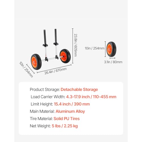 VEVOR Kayak Cart, 280lbs Load Capacity with 10 Inch Solid Tires, Heavy Duty Detachable Canoe Trolley Cart with Adjustable Width & Top Foam Protection, for Kayaks with Drain Holes of 2.54cm and Above by VEVOR - Image 2