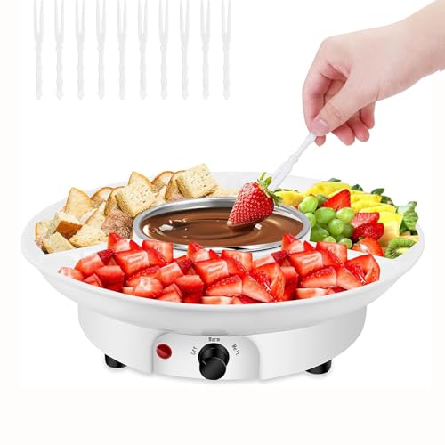 Denash Set per Fonduta di Cioccolato Elettrico, Macchina per Sciogliere il Cioccolato con Vassoio da Portata Rimovibile e 10 Spiedini, Kit Pentola per Fonduta Elettrica per Feste, (Spina europea)