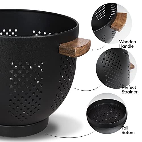 Stainless Steel Colander With Wood Handle | Metal Food Strainer For Washing Pasta Vegetables Fruit Noodles Spaghetti And More | Premium Colanders & Food Strainer | 5.5 Quart Large Matte Black #TOP2