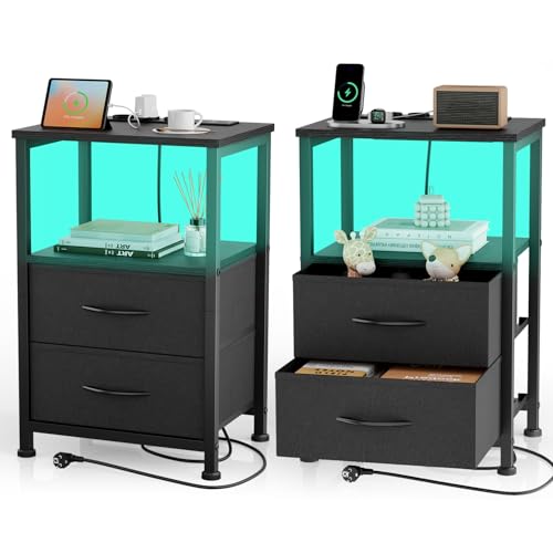Yornoli Nachttisch 2er Set mit LED & Ladefunktion, Beistelltisch mit Schublade, Nachttische mit 3 AC-Anschlüsse & 2 USB-Anschlüssen, Beistelltische fürs Wohnzimmer, Schlafzimmer, Schwarz