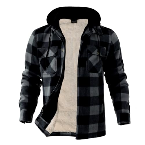 Image of LeeHanTon Mens Flannel Jackets Sherpa Lined Fleece Zip Up Winter Warm Workout Plaid Sweatshirt with Hood