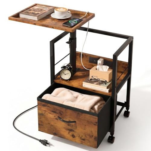 Faesun Night Stand with Charging Station & Swivel Tray Top, Brown