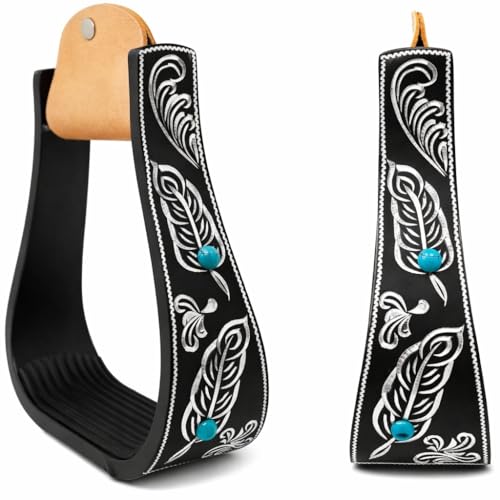 CHALLENGER Horse 5" Black Aluminum Feather Engraved Western Horse Saddle Stirrups 51231