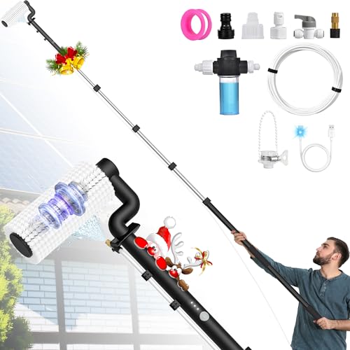 LyriFine Electric Solar Panel Cleaning Kit, 6 Meter Water-fed Extendable Window Cleaning Pole with 5-stage Telescoping Pole, 2-speed Window Cleaning Brush for Conservatory Roof, Window, PV System