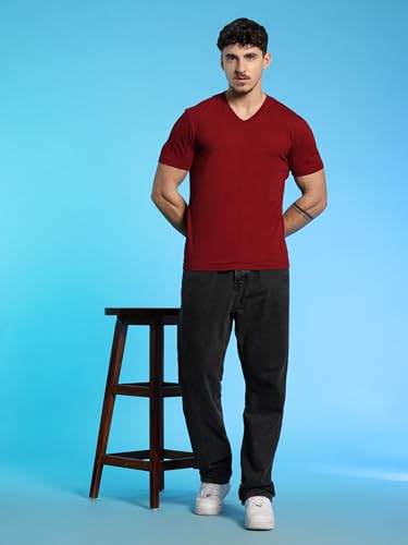 Image of Men's Cotton V-Neck T-Shirt-Soft, Breathable, Plain Solid Casual Tee for Everyday Wear & Layering