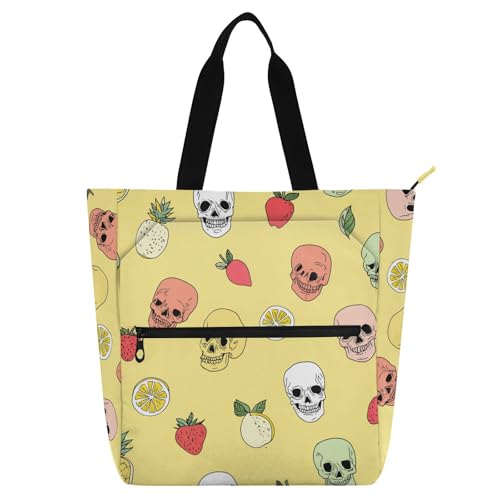 Sac fourre-tout pour l'école jaune pastel au motif de tête de mort fruitée