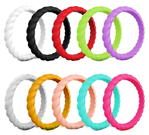AZYOUNG Womens 3mm Wide Twist Silicone Wedding Ring 10pcs Pack Red Purple Blue Stackable Rubber Bands -US Size 4-10 - Main Image