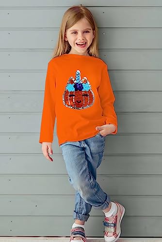 Toddler Girl Unicorn Pumpkin Halloween T-Shirt Long Sleeve Little Kids Flip Sequin Tops2