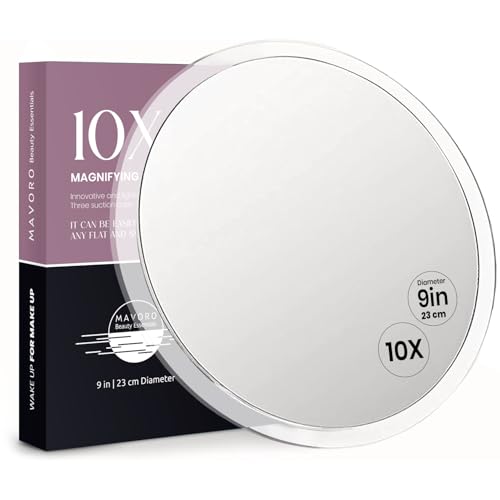 Mavoro Specchio ingranditore 23 cm con 3 ventose forti | Ingrandimento 10X | Specchio trucco & cosmetico da viaggio portatile (10X)