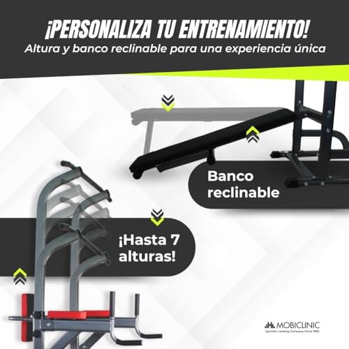 Mobiclinic® Fitness, Estación de musculación, 9 en 1, Plegable, Domifit, Ajustable 7 Alturas, Barra dominadas, Banco reclinable, Soporte para Barras, Multifunción, Antideslizante, Acolchada - Image 5