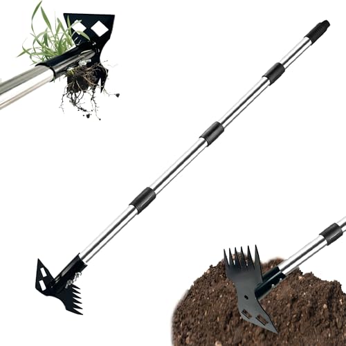 Unkrautstecher , Löwenzahnstecher, Unkraut Entferner Gerät, mit 1.48m Rostfreie Stähle Stiel, Unkrautzieher, Aufrecht Stehender Unkrautentferner, 2 in 1 Manuelle Unkrautharke und Gartenhacke (Schwarz)