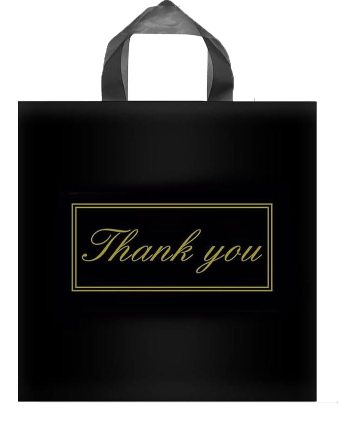 Odseciran 50 Pcs Black Thank You Bags for Small Business, Boutique Bag with Handle, Plastic Shopping Merchandise Return Gift Supplies 15x12 Inch
