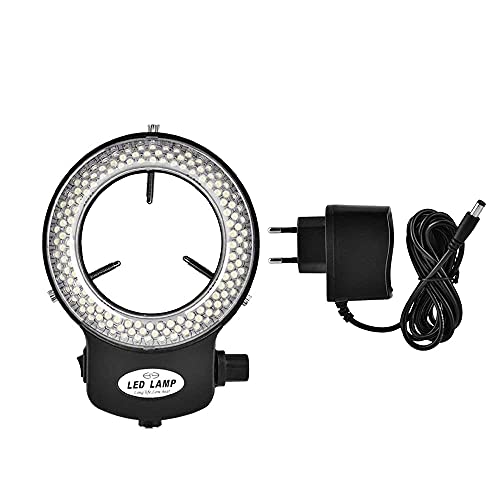 Tiamu 144 LED Perlen Mikroskop Ringlicht, Optische Stereomikroskop Kamera Ringleuchte, Super Helligkeit Ringleuchte 6000K 0-100% Einstellbar, Schmuck Reparatur Lampe(EU Plug Schwarz)