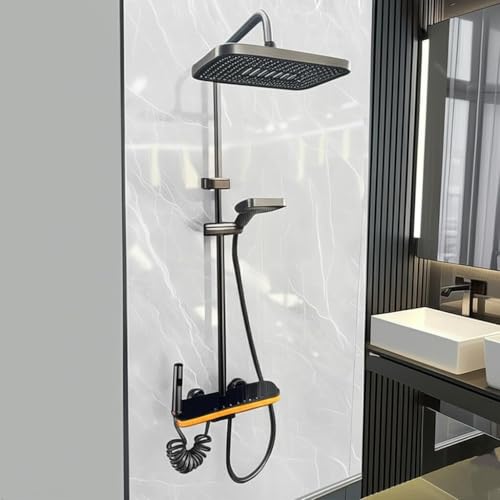 Image of X-XONIER Luxury thermostat Shower set System 4in1 shower panel with large Overhead Shower+3 Ways Hand Held, 2 way biget, Hidden Tub Spout,+Sun Shine Big light, digital temperature display