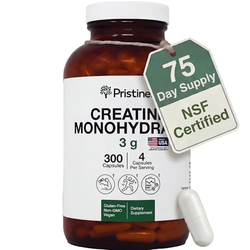 PRISTINE'S Creatine Monohydrate Capsules for Women & Men - NSF Certified 75 Day Supply 3G Creatine Pills for Women - Cognitive & Athletic Performance Support - Enhanced Recovery Glass Bottle