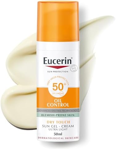 Eucerin Face Sunscreen Oil Control Gel-Cream Dry Touch, High UVA/UVB Protection, SPF 50+, Light Texture Sun Protection, Suitable Under Make-Up, For Blemish-Prone Skin, 50ml