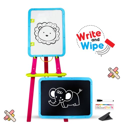 Image of Amazon Brand - Jam & Honey Easel Board I 5 in 1 Easel I Black and White Board with Chalk, Marker and Duster I with Stand|Education Toy for 3+ Year Kids (Magenta & Sky Blue)