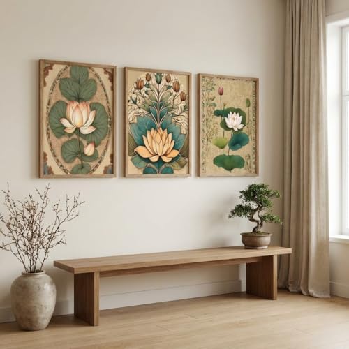 Image of Livin'luxe Set of 3 Lotus Floral Wall Paintings for Living Room Bedroom Home Decor with Premium Wooden Color Synthetic Frame, Traditional Botanical Art (13.5 x 19.5 Inch) NM03-57