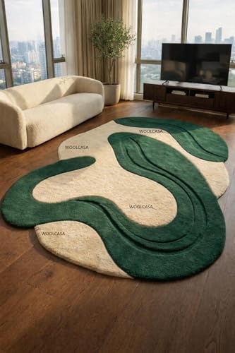 Image of Hand Tufted Wool Rug 6x8 Ft - Modern Irregular Shape Aesthetic Carpet, 1 Inch Thick Pile, Anti-Skid Backing, Soft Handmade Woolen Area Rug for Living Room, Bedroom, Hall Decor