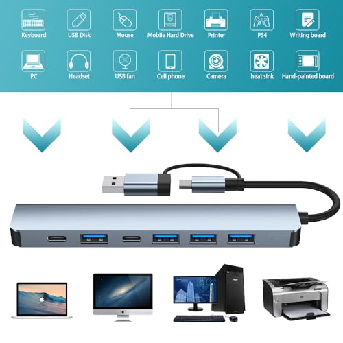 Hub USB C, extensor USB 7 em 1 de alumínio, divisor USB com 1 USB 3.0, 4 portas USB 2.0 e 2 portas U