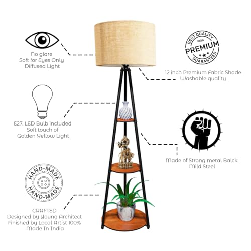 Image of Rellon Floor Lamp with 3 Storage Shelves, Metal FloorLamp for Living Room Standing Home Decoration FloorLamp Shade Reading for,Office,Kitchen,Bedroom (A2)