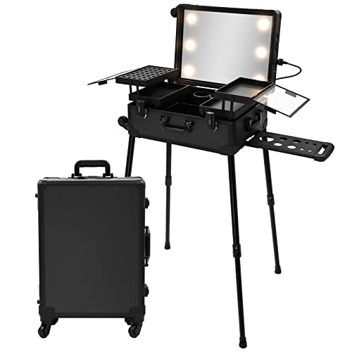 Jula Vance Large Makeup Train Case with Speaker & Code Lock & Full Screen Lighted Mirror & 3 Light Colors Lighted Rolling Cosmetic Organizer, Professional Artist Trolley Studio Free Standing