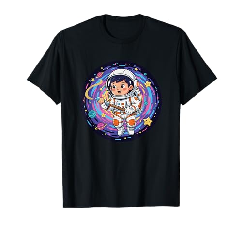 Lindo Niño Astronauta Pintando Galaxia Colorida Camiseta