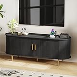 DHH 55 Inch Mid Century Modern TV Stand with Power Outlet for TVs up to 60 Inch, Entertainment Center with Storage and Adjustable Shelves, Media Console with Sliding Doors for Living Room(Black)