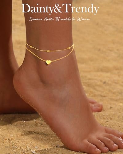 Image of FUNEIA Gold Silver Ankle Bracelets for Women Waterproof 14K Gold Plated Anklets for Women Non Tarnish Dainty Layered Beaded Heart Anklet Set Summer Beach Foot Chain Jewelry Gifts Trendy Stuff