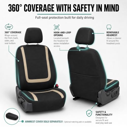 Image of FH Group Car Seat Covers Front Set in Cloth for Low Back Car Seats with Removable Headrest, Universal Fit, Automotive Washable for SUV, Sedan, Van Beige