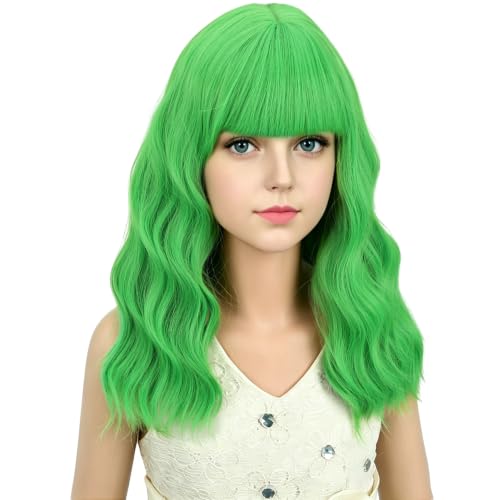 Image of Adult Green Wig Women Short Green Wavy Curly Wigs Adult Wig with Air Bangs Synthetic Cosplay Hair Wigs