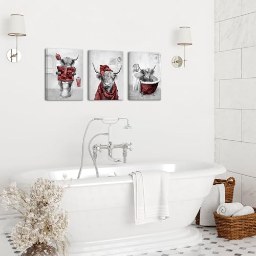 sechars Red and Grey Bathroom Decor Funny Highland Cow Wall Art Cattle Paintings Apartment Bathroom Hotel Decorations (Red) by sechars - Used condition - Image 4