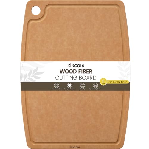 Kikcoin Wood Cutting Board, Cutting Boards for Kitchen Dishwasher Safe Non-slip Chopping Board with Juice Groove, Wood Fiber Composite Cutting Board with Hanging Hole, 17.3"*12.8" Oval 17.3"